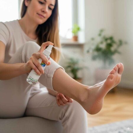 Vrouw sprayt Himalaya magnesium olie onder haar voeten