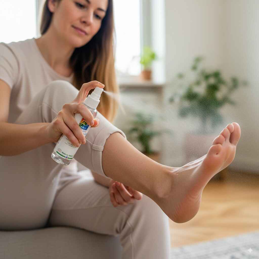 Vrouw sprayt Himalaya magnesium olie onder haar voeten