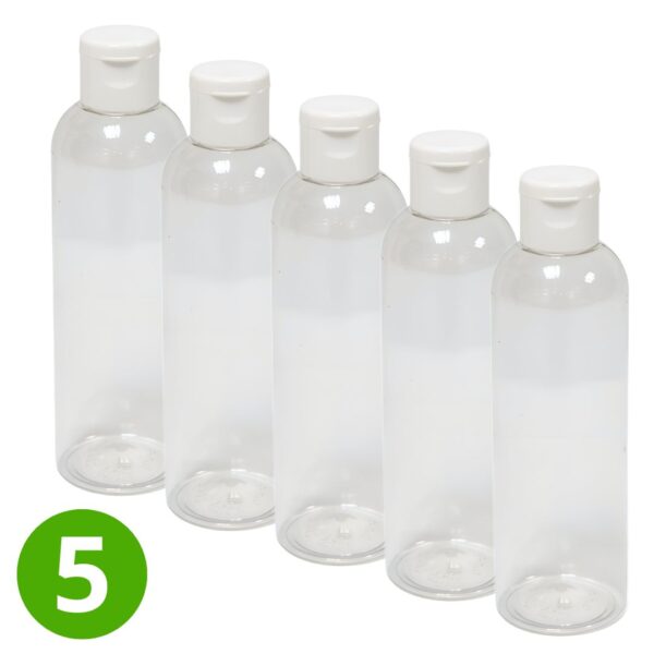 5x Plastic Fles 200 ml. Met witte dop. Glashelder Transparant. PET en BPA vrij. Himalaya magnesium.