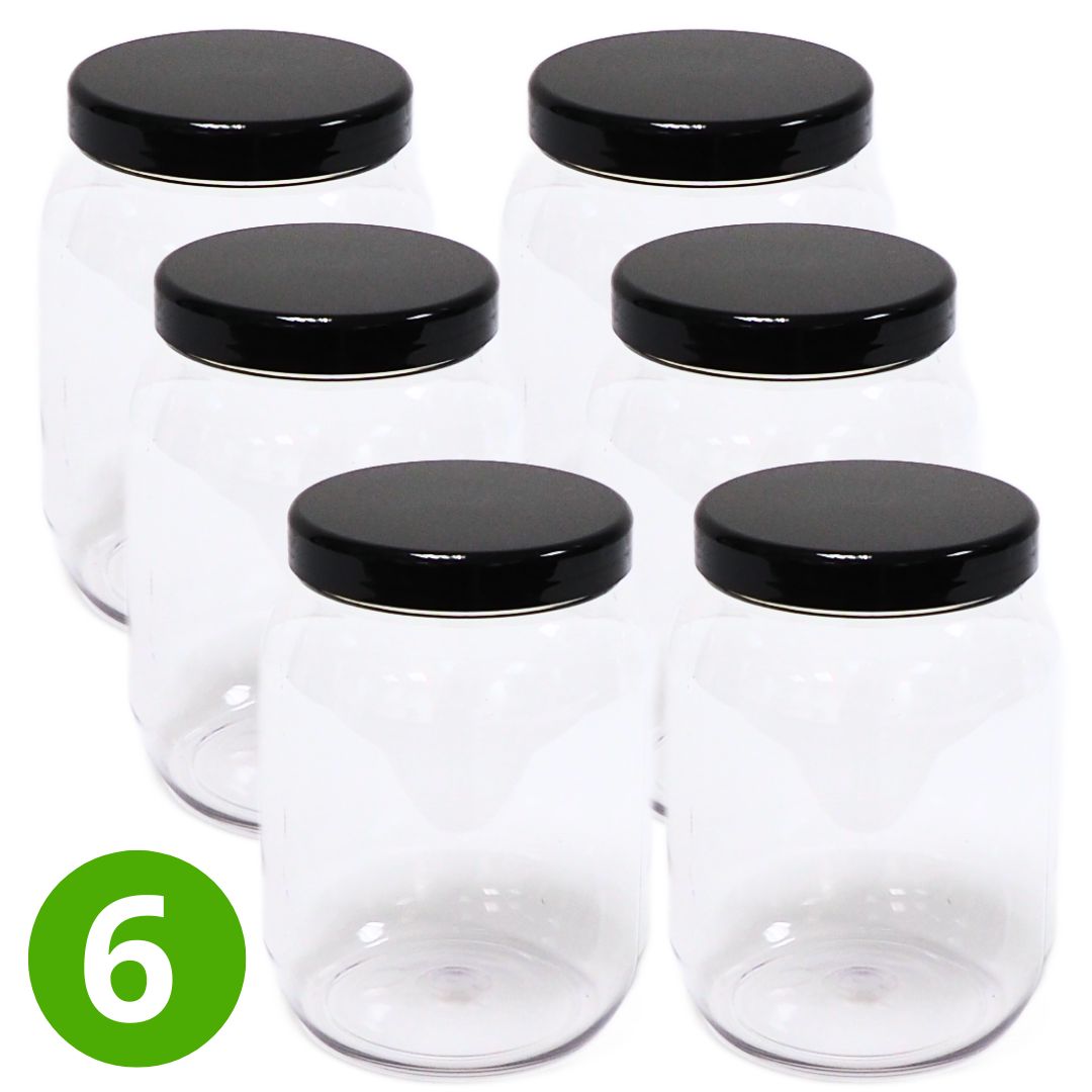 6x Ronde Pot 1500ml met Zwarte Dop - Transparant - PET - Voedselveilig. Himalaya magnesium.