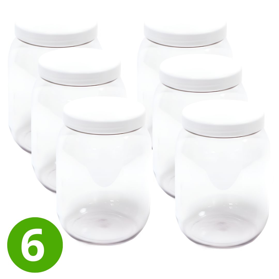 6x Ronde Pot 1500ml met Witte Dop - Transparant - PET - Voedselveilig. Himalaya magnesium.