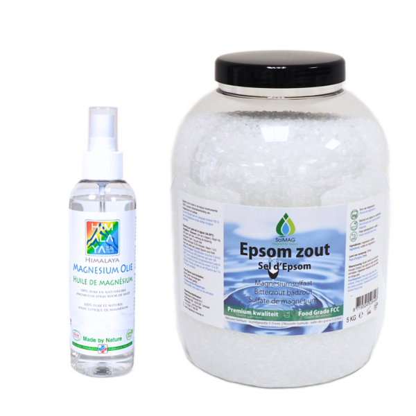 Voordeelset Solmag 5 kg Epsom zout en 200 ml Himalaya magnesium olie Voordeelset Solmag Epsom Zout 5 kg + Himalaya Magnesium Olie Spray 200 ml — Compleet Magnesium Pakket voor Lichaam & Geest